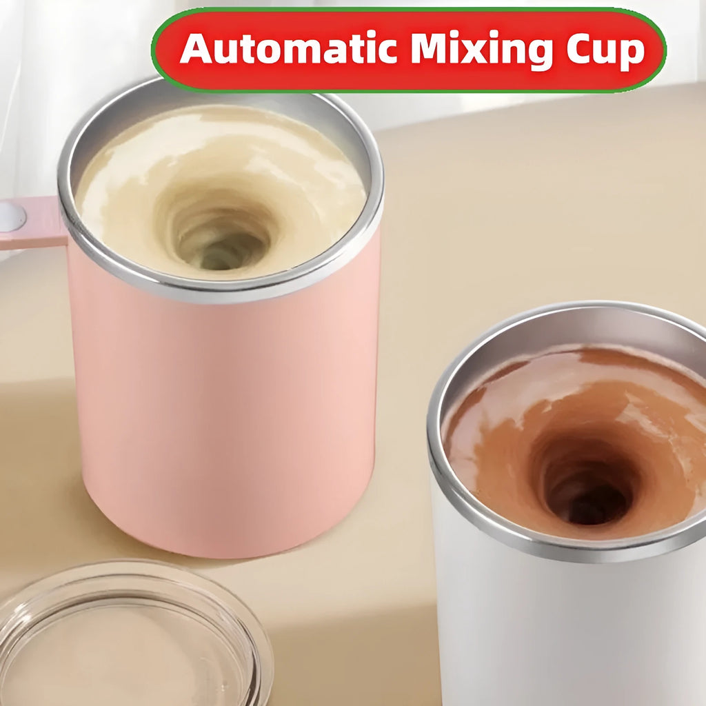 Portable automatic mixing coffee cup with magnetic stirring and stainless steel interior