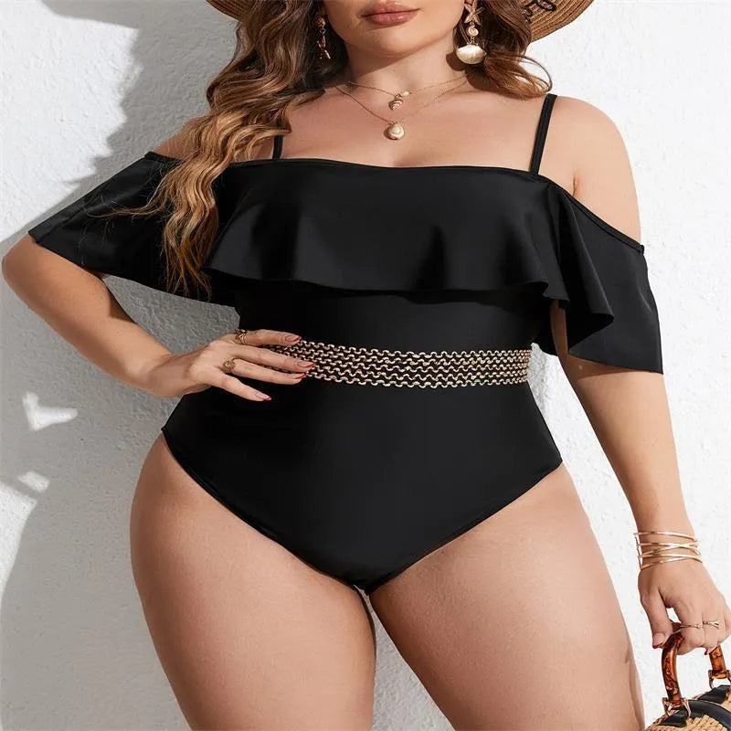 Black one-piece swimsuit for women in polyester fabric with extended sizing options