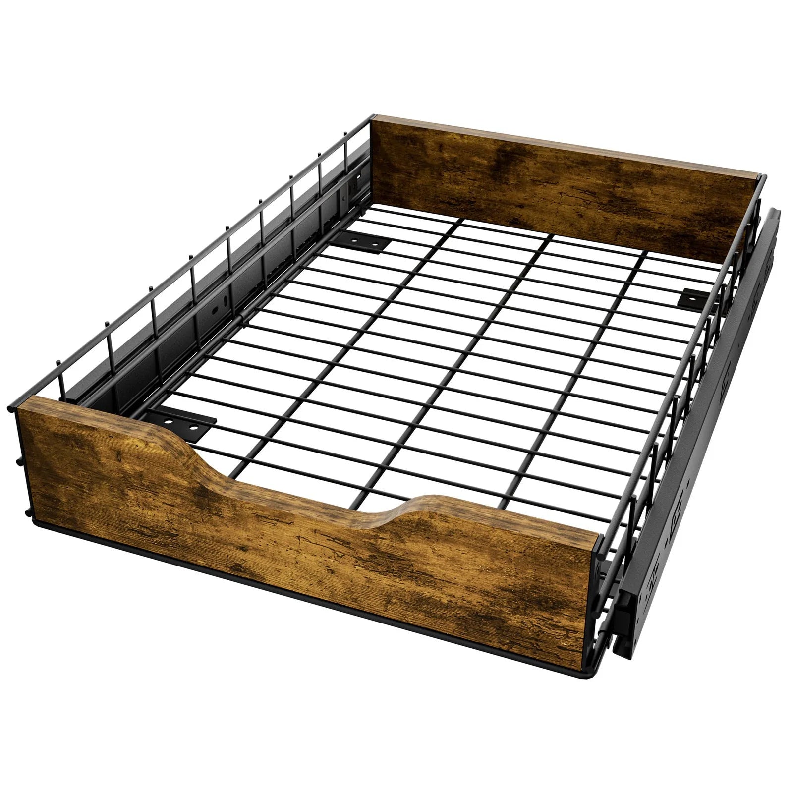 Black household storage rack with pull baskets made from wood and iron