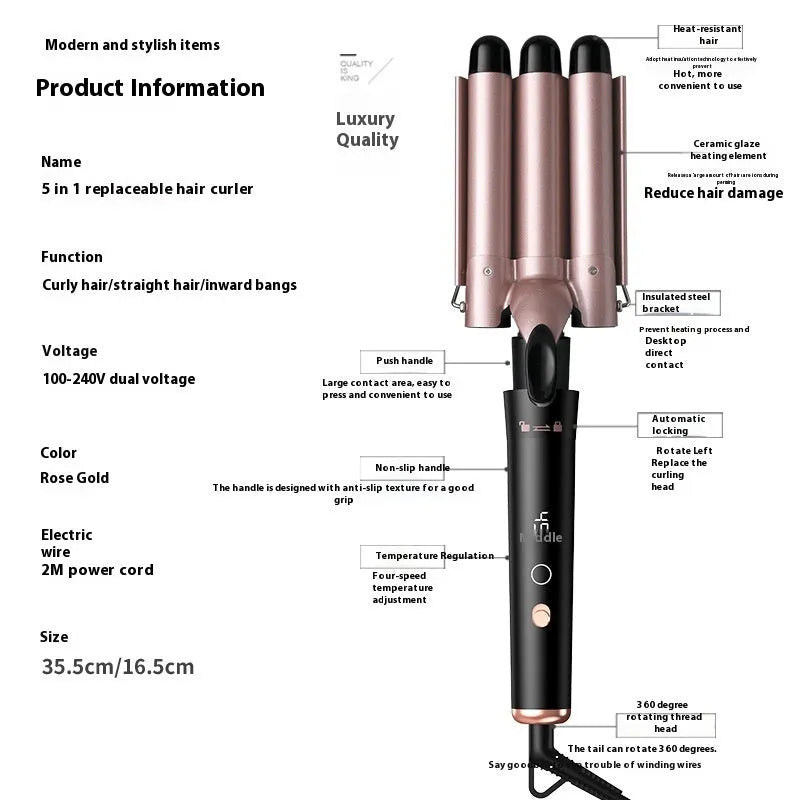 Rose gold five-in-one hair curler with LCD screen and tube replacement technology.