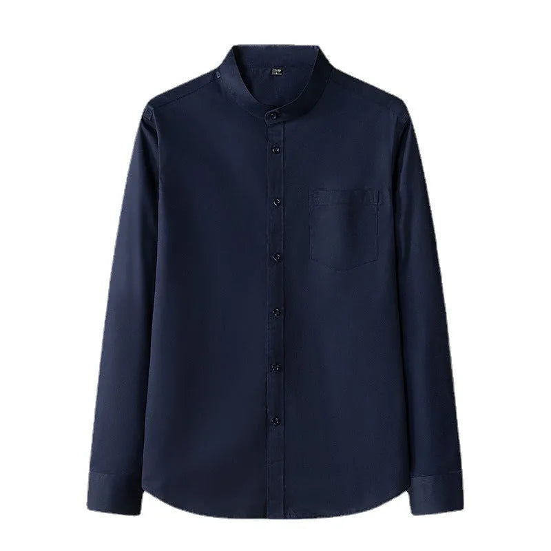 Men's stand collar long sleeve slim fit solid colour pocket shirt in black