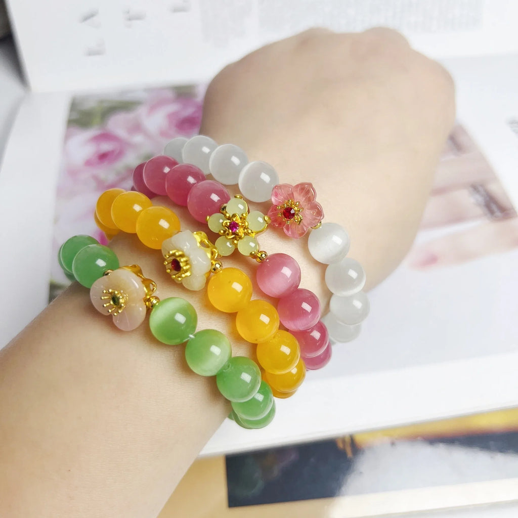 Handmade glass bracelet with floral beads in yellow, pink, white or green colour options