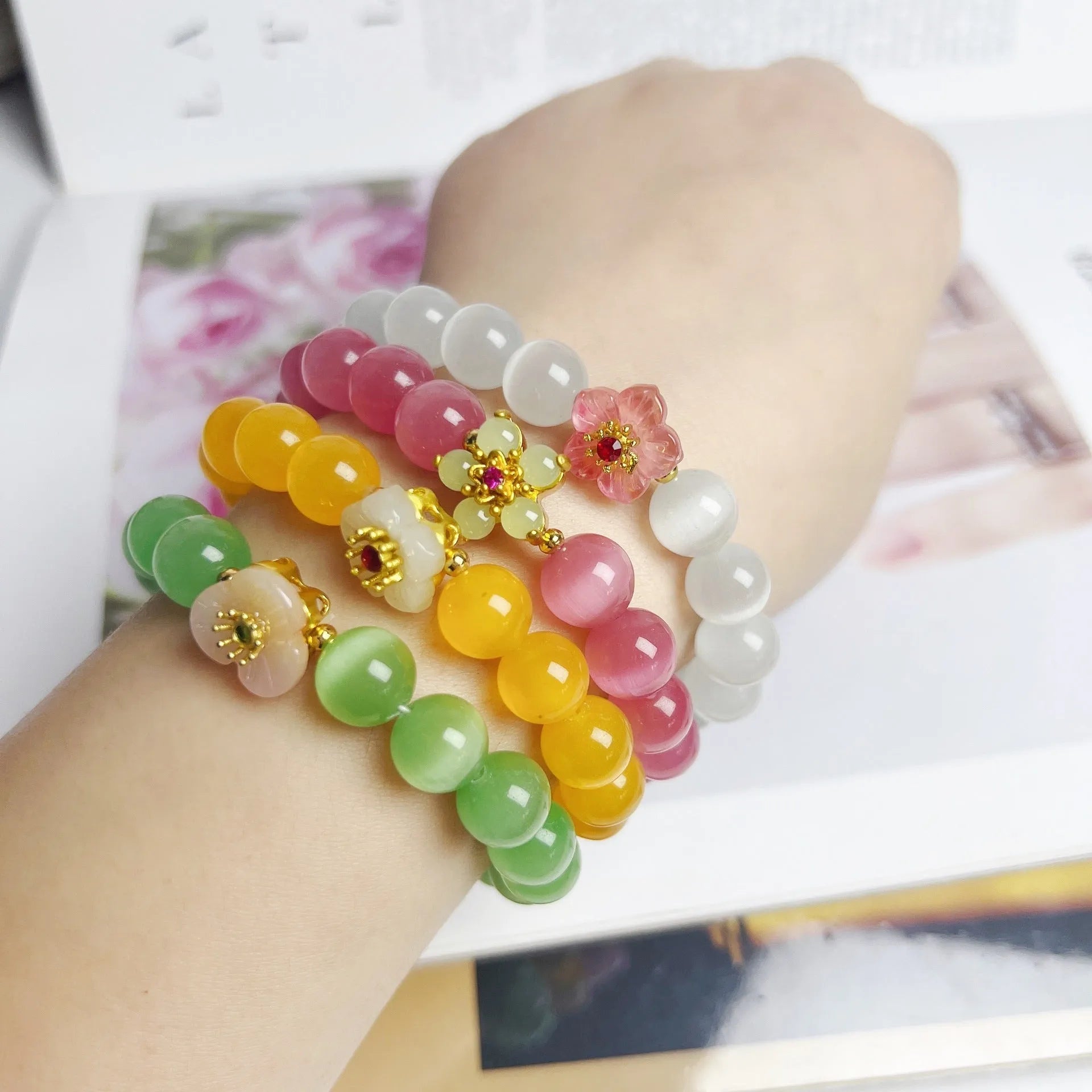 Handmade glass bracelet with floral beads in yellow, pink, white or green colour options
