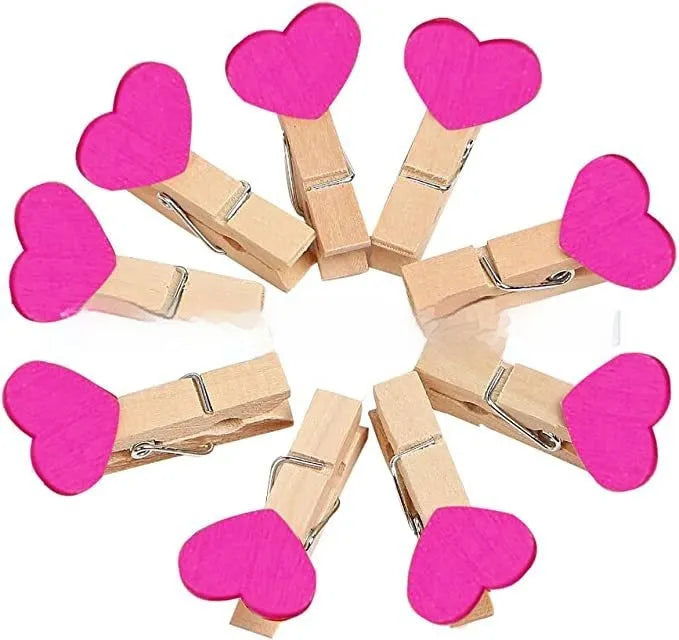 Five handmade solid wood heart-shaped clips in white, red, pink, rose, and yellow.