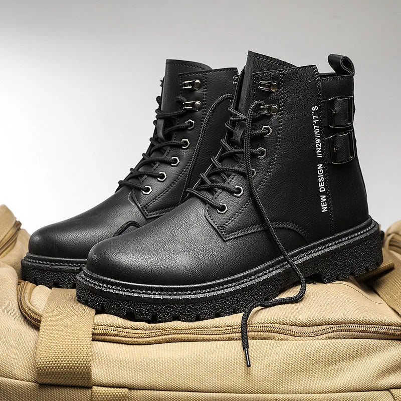 High-top winter hiking boots in black with thick bottom, PU upper, leather stitching, round toe, and front lace-up closure