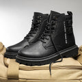 High-top winter hiking boots in black with thick bottom, PU upper, leather stitching, round toe, and front lace-up closure