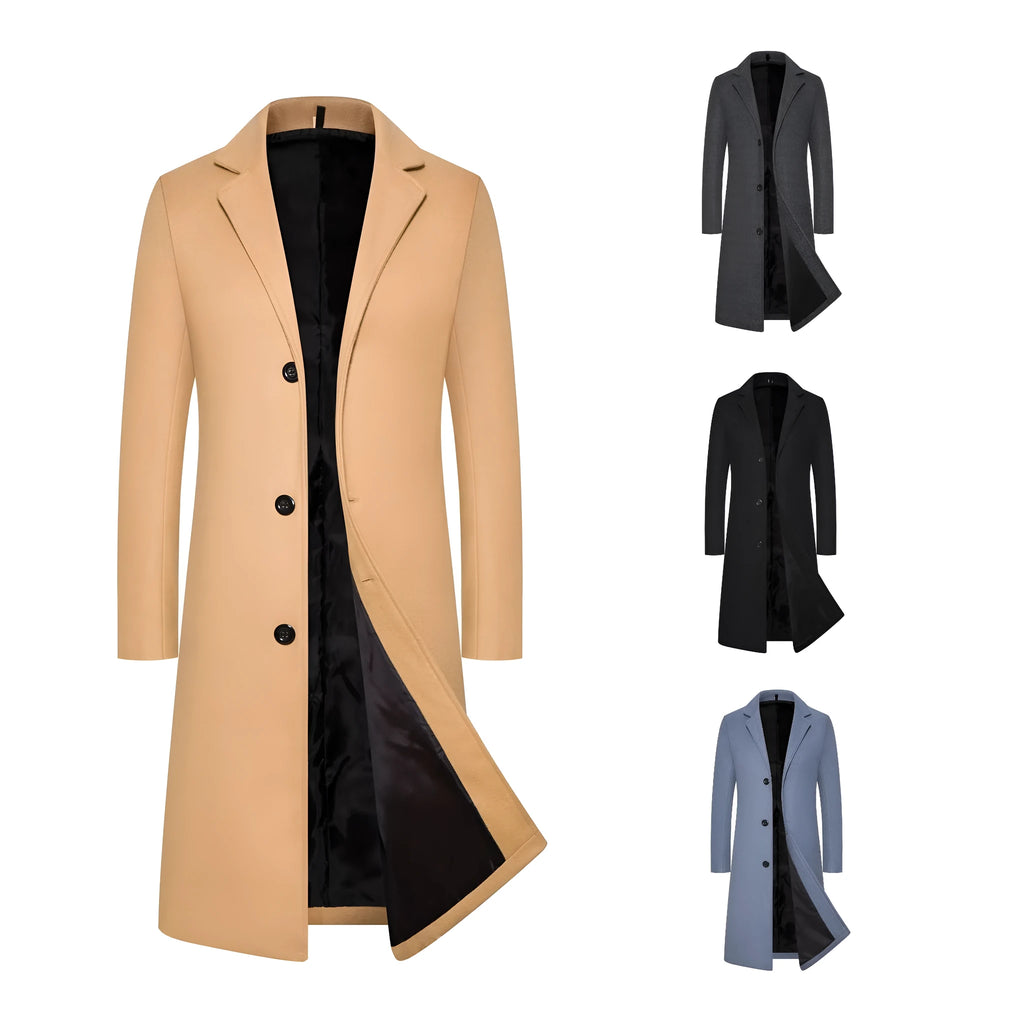 Men's wool mid-length trench coat in solid colour black, slim fit, 65 cm length