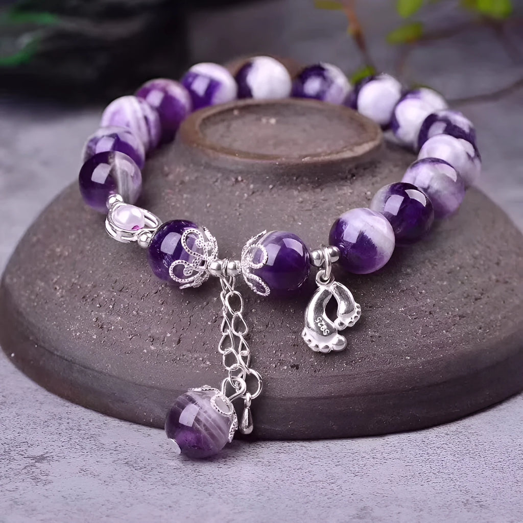 Purple amethyst round bead bracelet with 10mm diameter beads on single strand