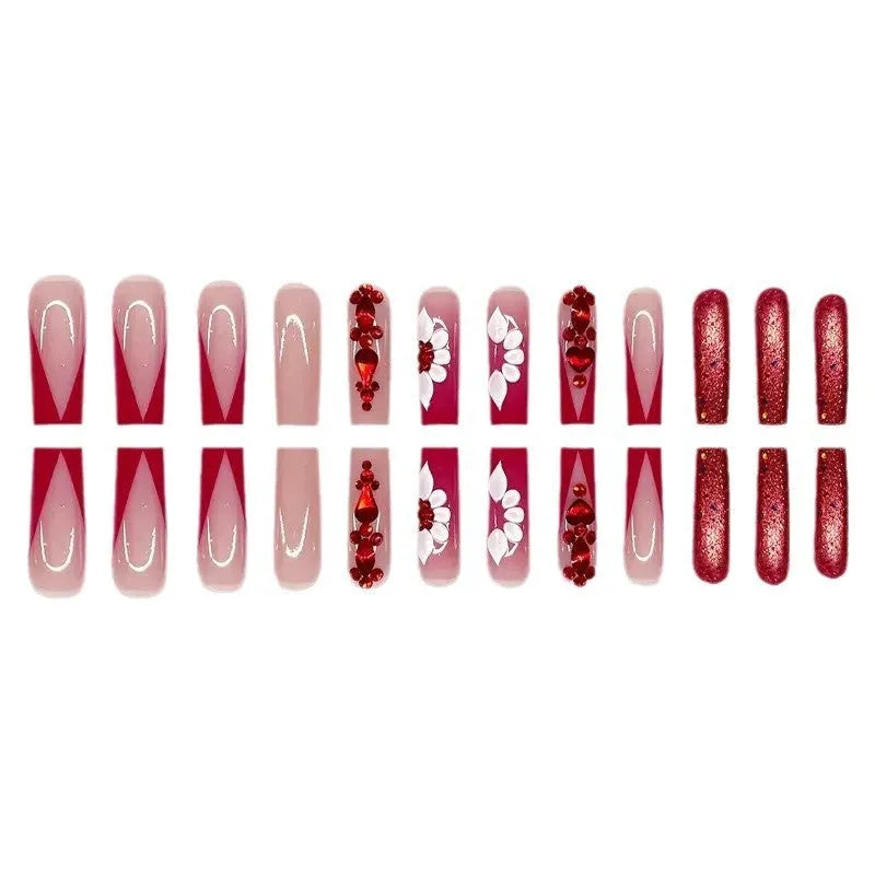 Sweet floral pattern removable fake nails with red diamond accents in European square shape