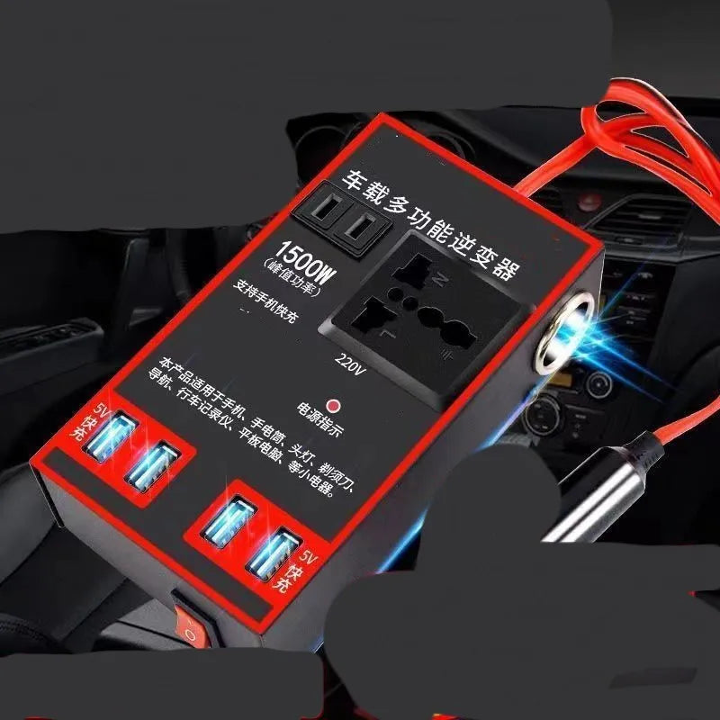 Black automotive power converter with 220V socket and four USB ports for 12V/24V vehicle systems