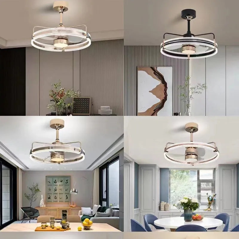 Modern ceiling fan light with remote control showing black and gold finish options