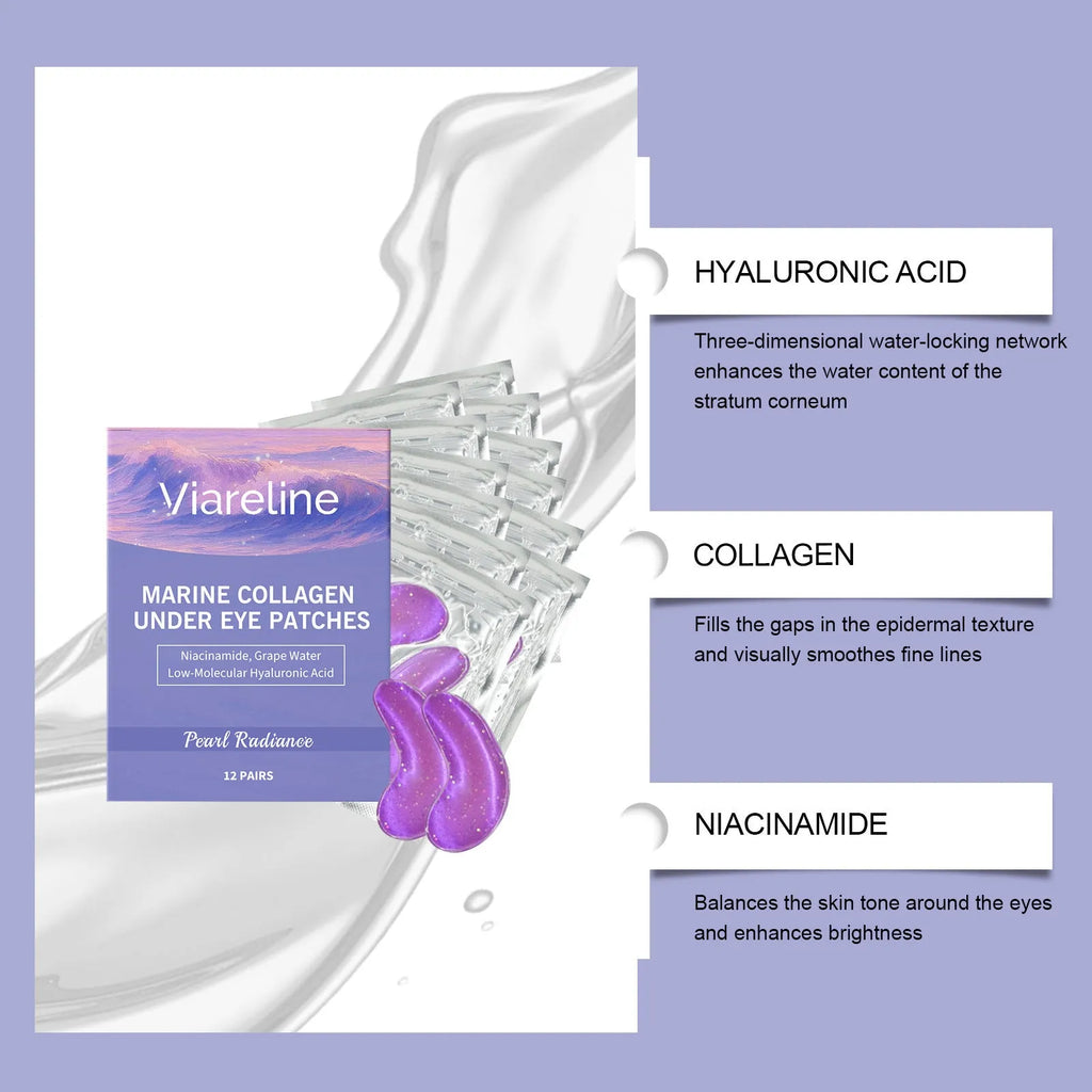 Pack of 12 collagen eye masks for skincare with hyaluronic acid and nicotinamide.