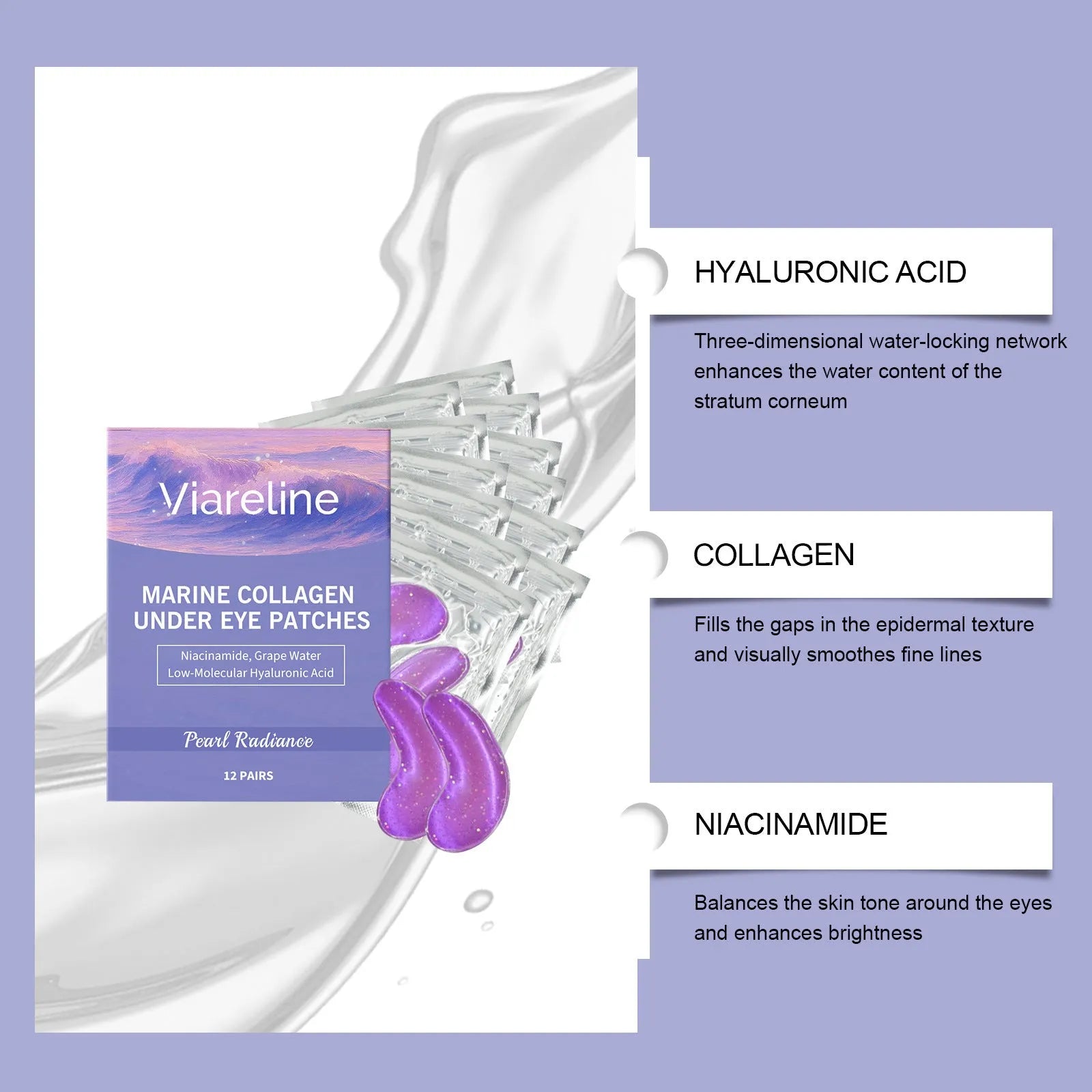 Pack of 12 collagen eye masks for skincare with hyaluronic acid and nicotinamide.