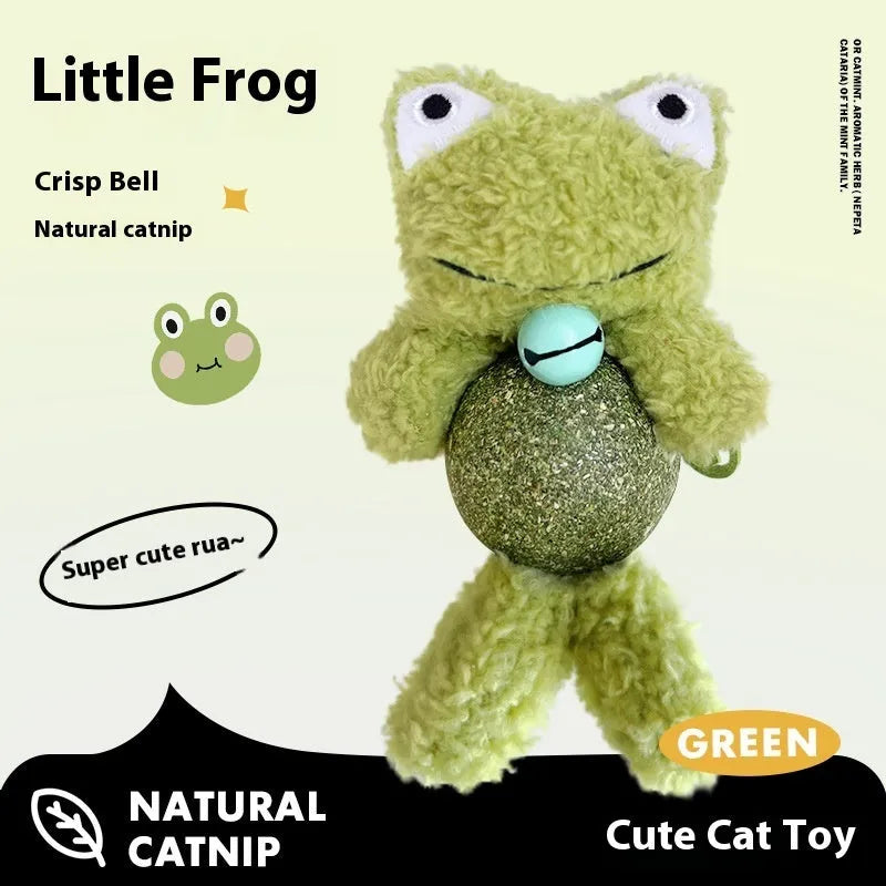Plush catnip toy shaped like a bear, rabbit, or frog with a mint ball and bell, shown next to a 15cm ruler.