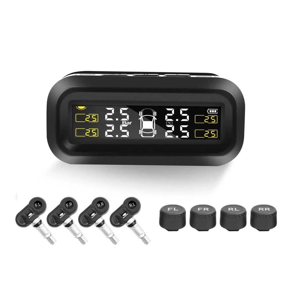 Solar wireless car tyre pressure monitor with colour screen display and four external sensors