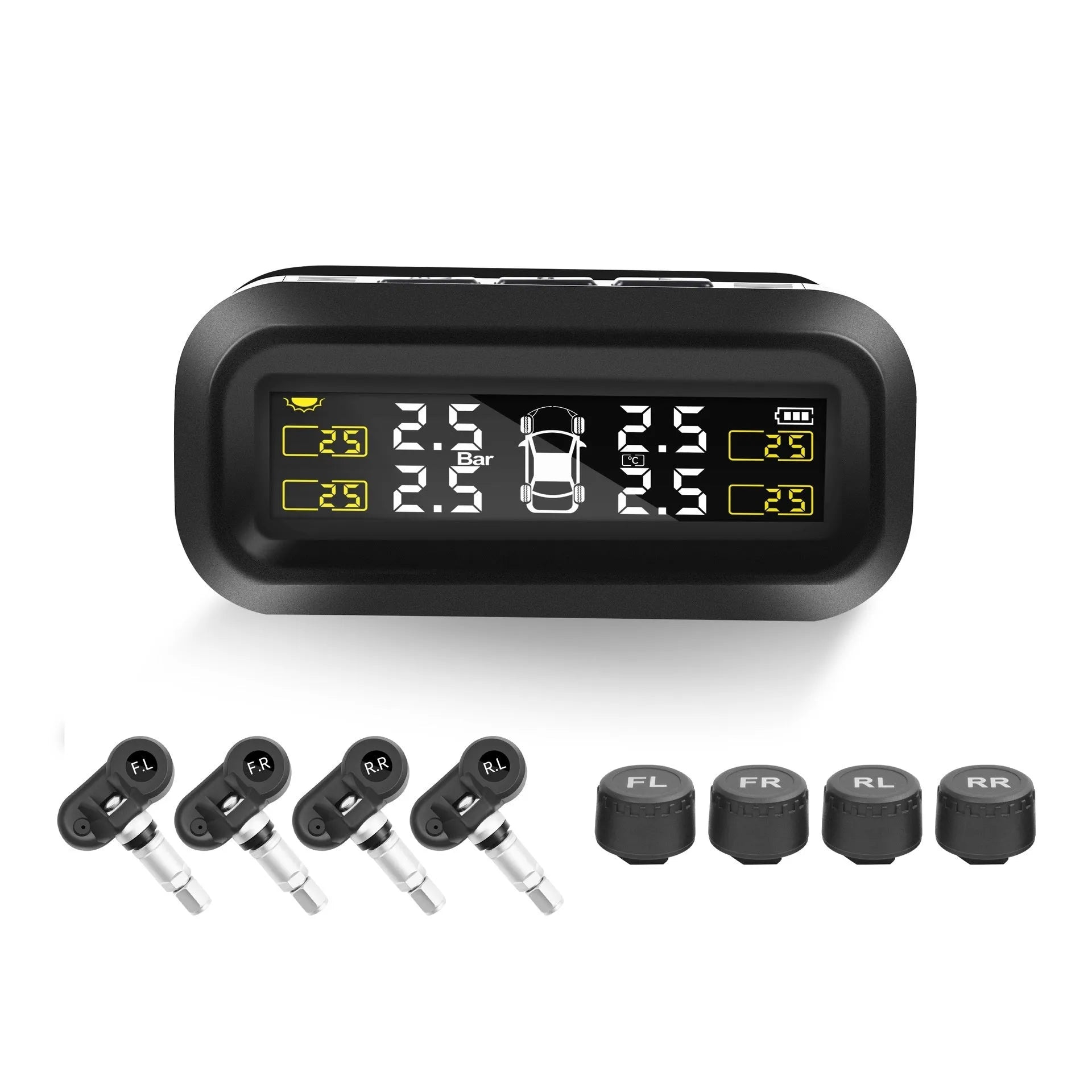 Solar wireless car tyre pressure monitor with colour screen display and four external sensors