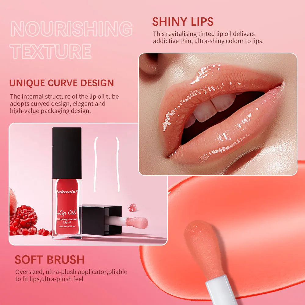 8ml lip oil in seven colour options: coral, clear, honey, jam, pink, red and rose