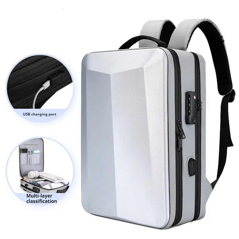 Men's black business backpack with waterproof Oxford cloth exterior and curved shoulder straps