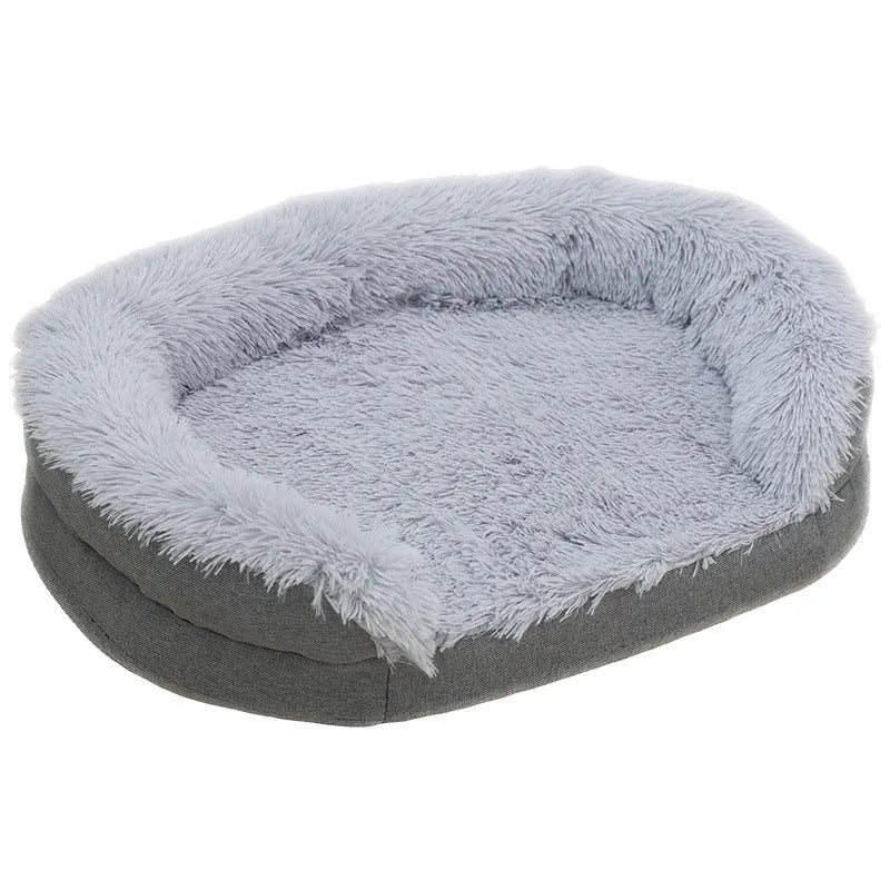 Winter warm pet plush large kennel for dogs, grey oval open nest bed