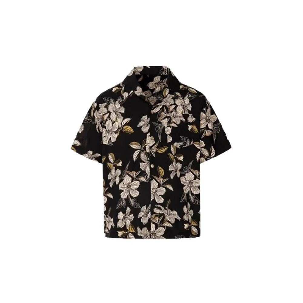 Black men's short-sleeve Cuban collar shirt with floral print, made from ice silk fabric.
