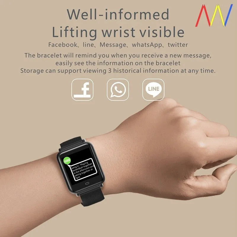 Q9 Smart Bracelet with 1.3 inch HD TFT touch screen, silicone strap and IP67 waterproof rating, in black