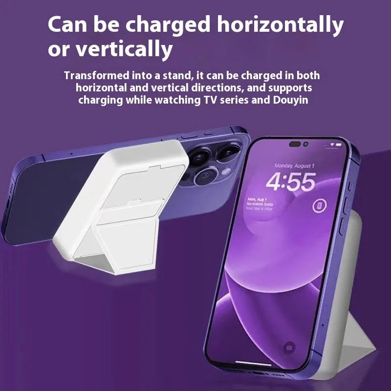 Folding bracket magnetic suction power bank 10000 MA in black plastic shell with phone attached showing stand mode
