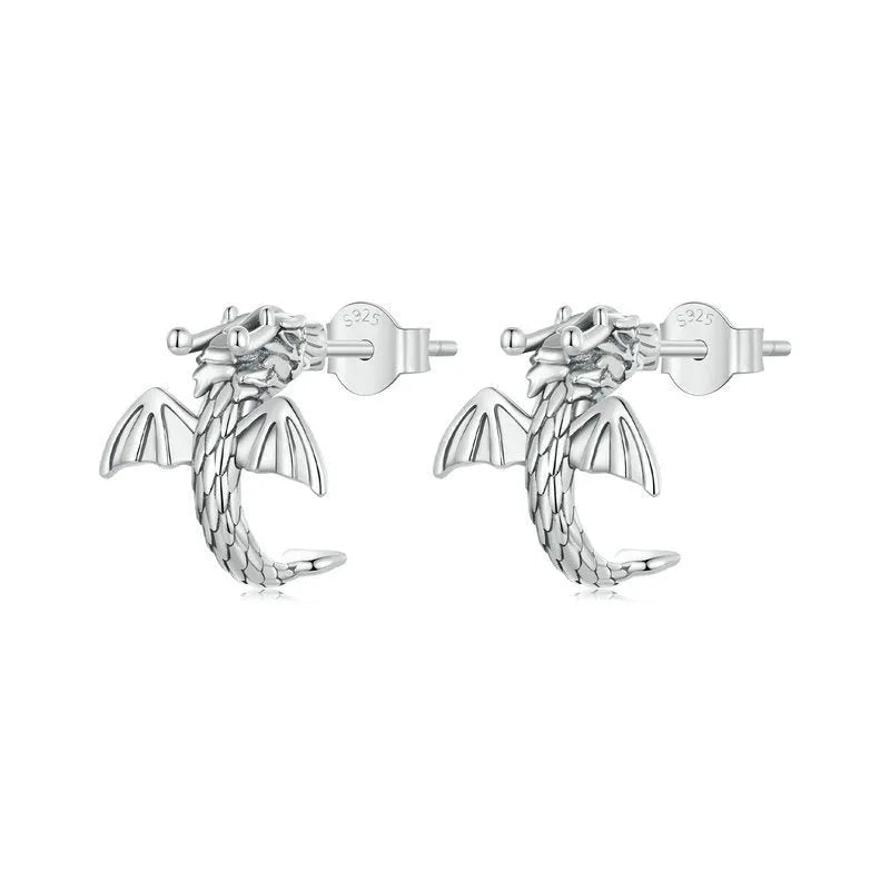 Women's handmade 925 silver oxidised flying dragon stud earrings, retro style, 13mm