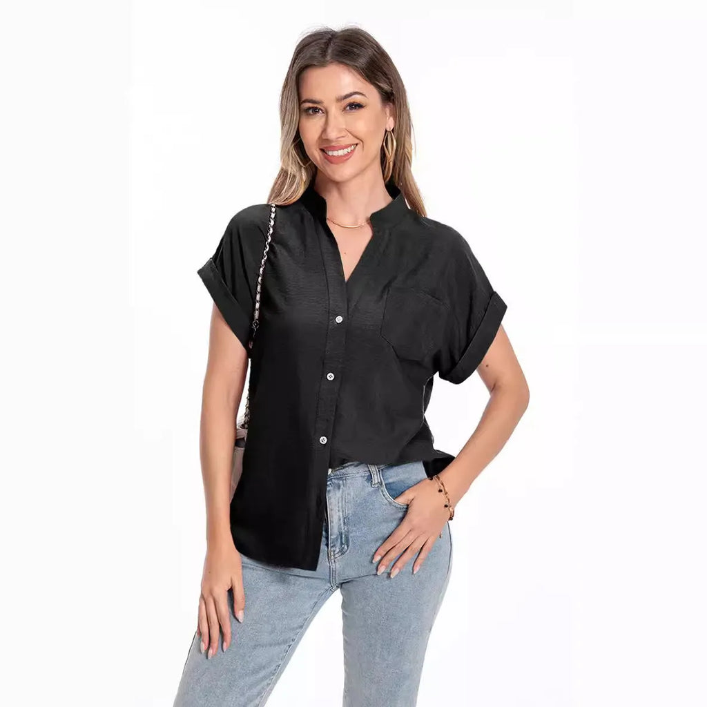 Women's stand collar button-front summer top in polyester with raglan sleeves