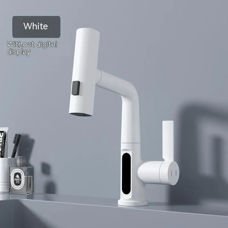 Digital display pull-out faucet showing water temperature with extendable hose