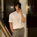 Men's slim-fit short-sleeved ice silk knitted shirt in black, khaki, or white colours