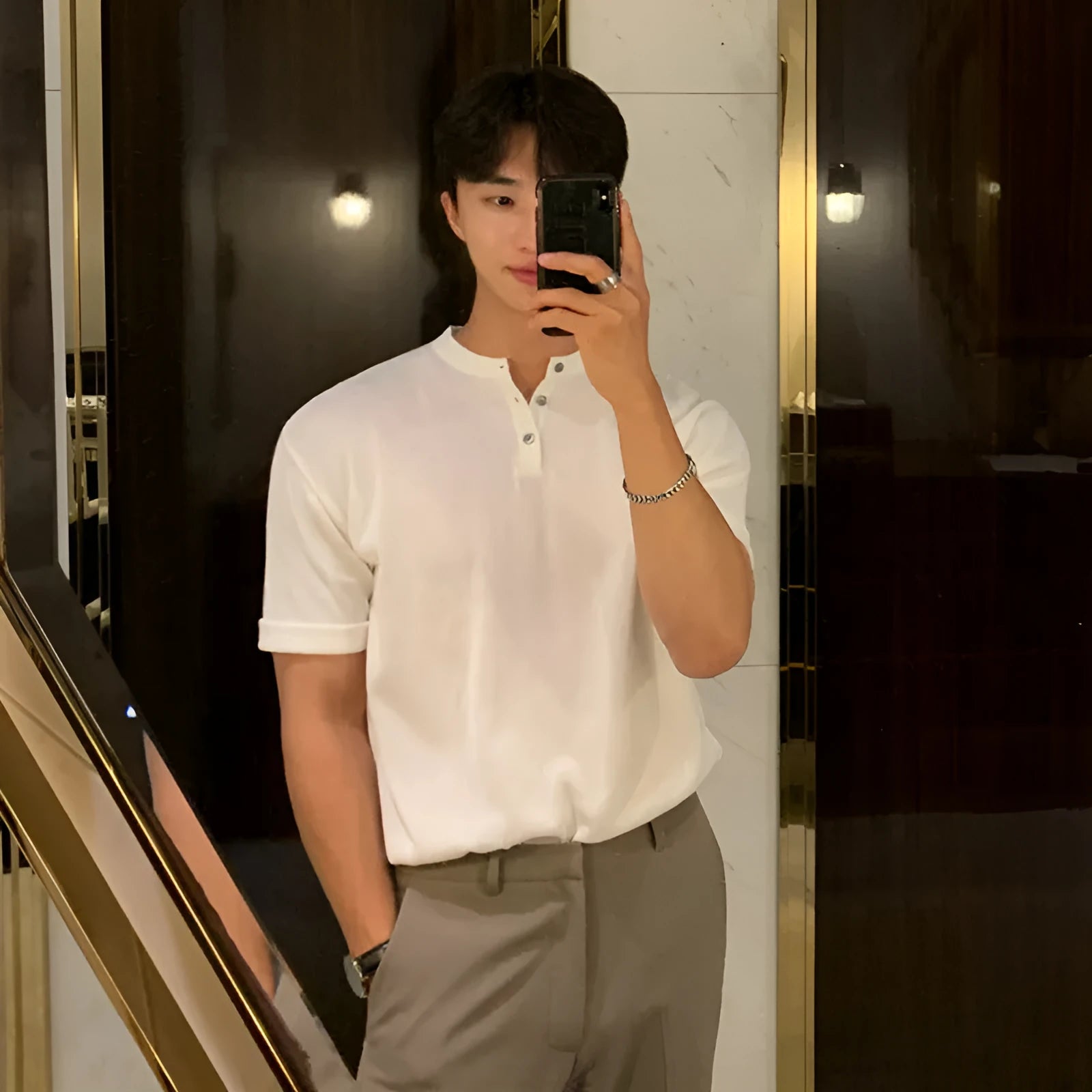 Men's slim-fit short-sleeved ice silk knitted shirt in black, khaki, or white colours