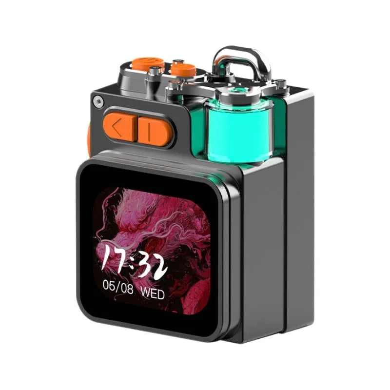 Dark grey rectangular Bluetooth speaker with a touch screen panel on a dark surface.