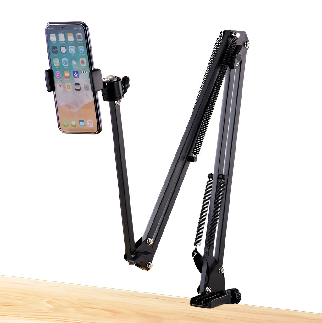 Black foldable metal desktop cantilever bracket holding a tablet at an adjustable angle.