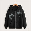 Black Y2K loose fit zip hoodie for men and women, front view, Korean streetwear style