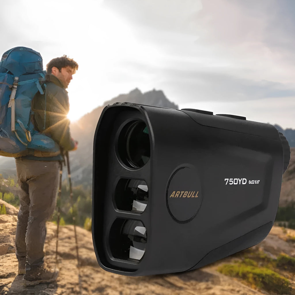 Golf laser rangefinder with LCD display showing distance measurement, Type-C charging port