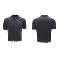 Man modelling a black slim-fit knitted polo shirt with a diagonal chest zipper and lapel collar.