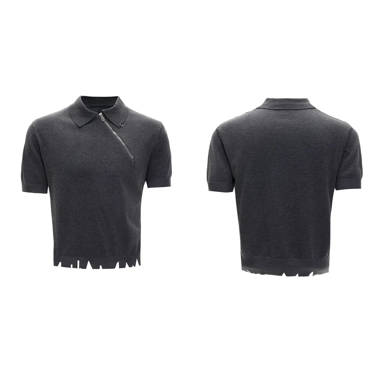 Man modelling a black slim-fit knitted polo shirt with a diagonal chest zipper and lapel collar.