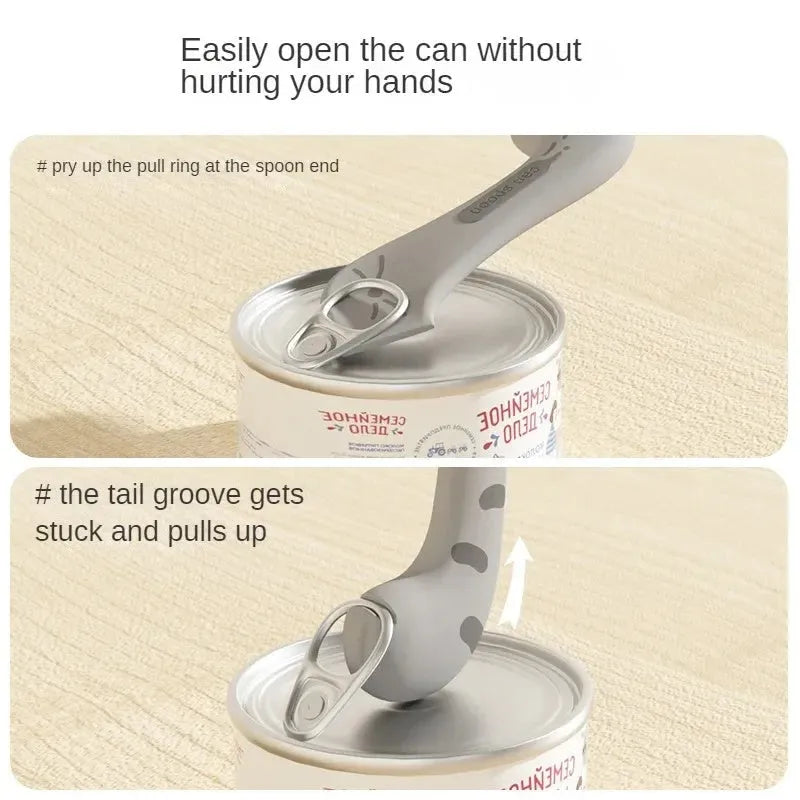 Pet food spoon and can opener set with silicone sealing lid for wet food storage in grey, pink and yellow colours