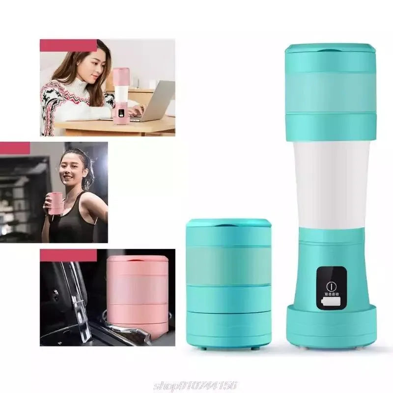 Blue portable USB blender with 450ml cup shown folded and extended next to fruits