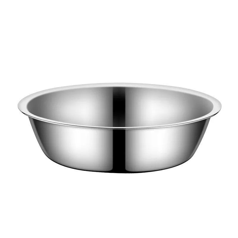 Stainless steel pet food bowl with grey silicone non-slip base, shown in multiple available sizes.