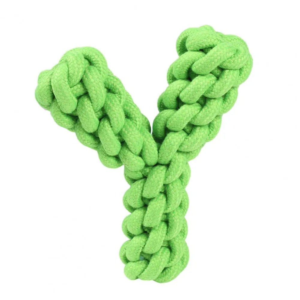 Y-shaped cotton rope dog toy for large dogs in blue, green, or yellow colours