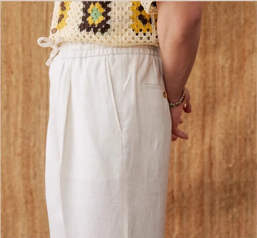 Linen loose high waist trousers with elasticated waistband in navy blue, straight-leg casual pants