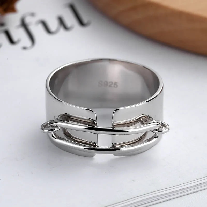 S925 sterling silver cold style irregular geometric ring with adjustable opening, yellow gold finish, round element