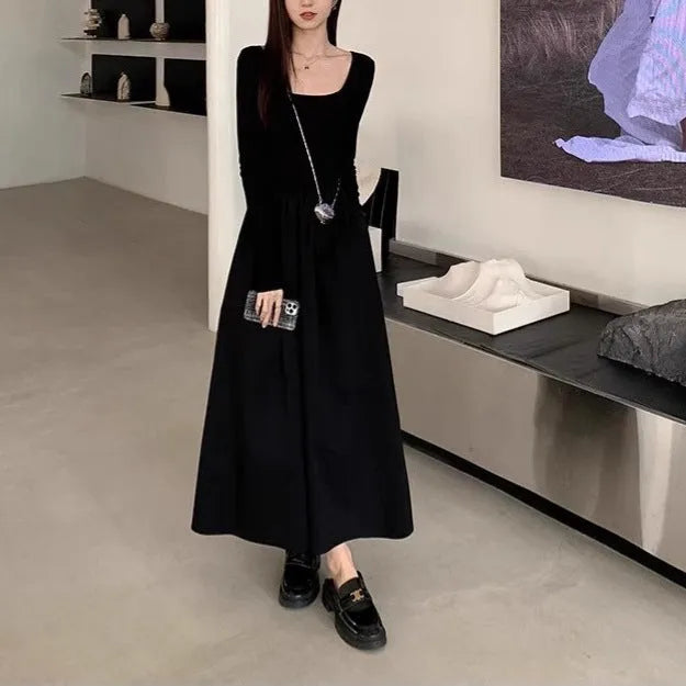 Women's black square collar knitted dress with long sleeves and an elastic A-line waist