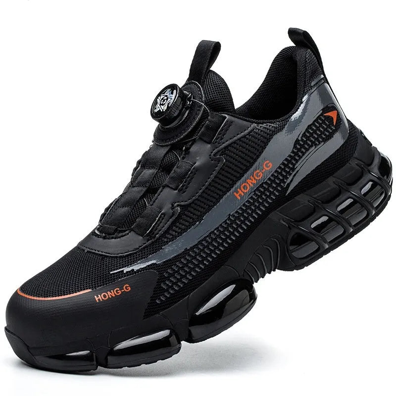 Lightweight black work safety shoes with a steel toe cap, Flyknit upper, and front laces on a grey background.