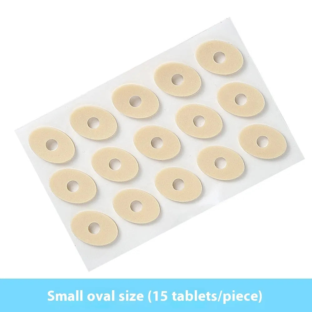 Women's PU heel corn protector toe pads showing four different shapes: circular, large oval, small oval and U-shaped
