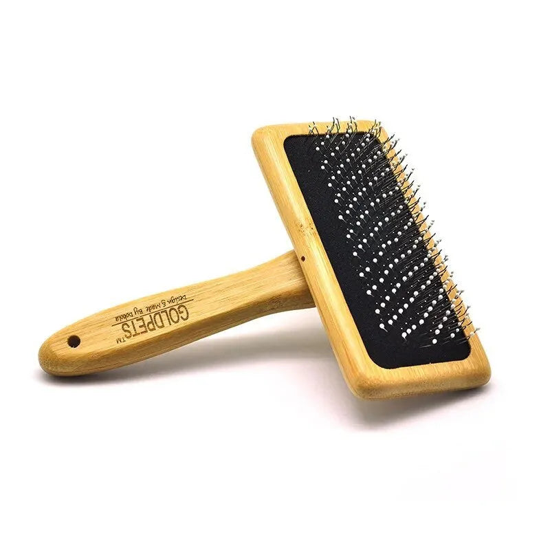 Bamboo and wood pet slicker brush with stainless steel pins for grooming long-haired cats and dogs