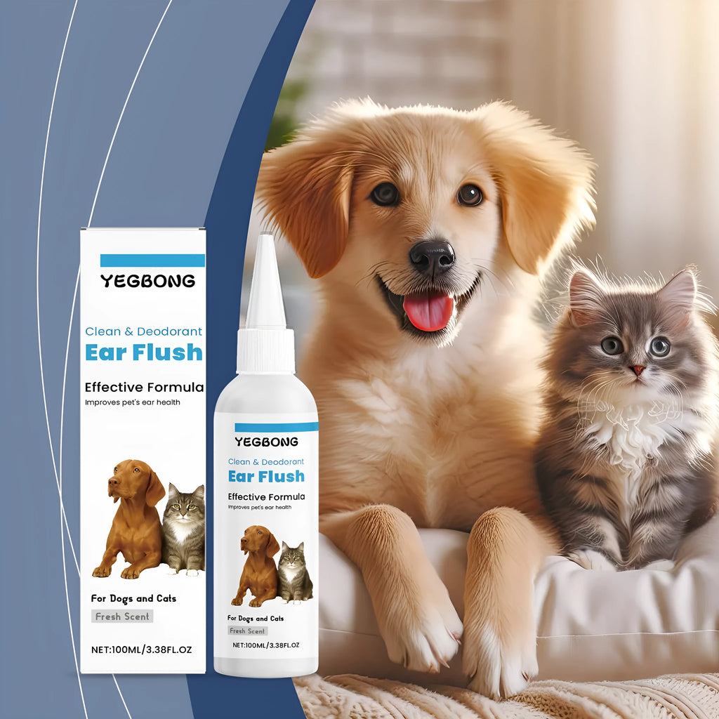 100ml bottle of dog and cat ear cleaner solution for gentle earwax removal.