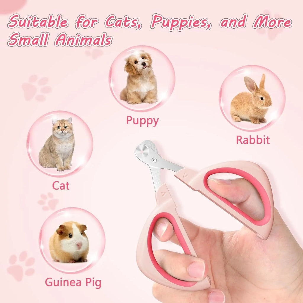 Pink and blue cat nail clippers with a safety guide hole and stainless steel blade on a white background.