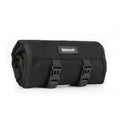 Motorcycle tool storage roll unfolded showing 8 elastic straps and mesh zipper pouch in black polyester fabric